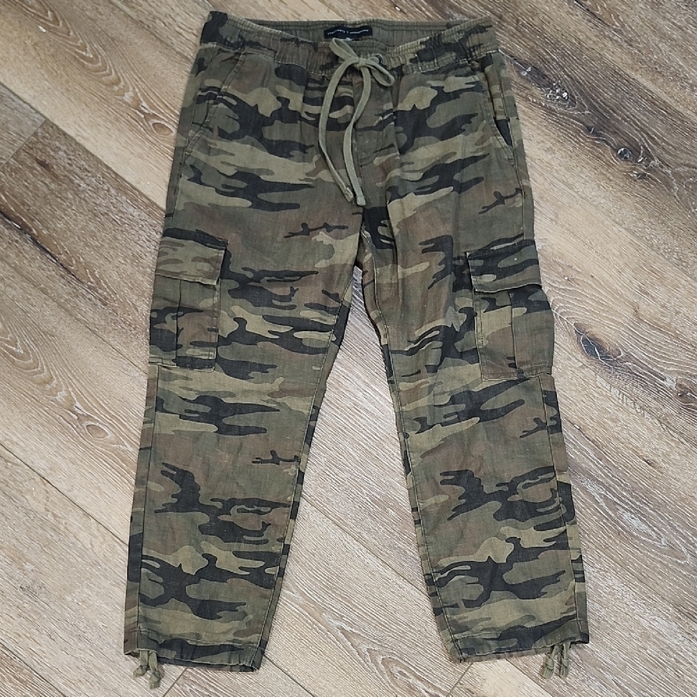 Sanctuary x Anthropologie 100% Linen Green Camo Cropped Ankle Pants Gorpcore Sm - Picture 4 of 12